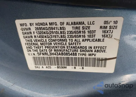 2010 Honda Odyssey Ex из США, поврежденный, VIN 5FNRL3H43AB085488